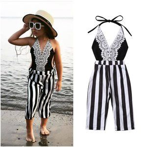 Girls Black White Crochet Striped Romper Jumpsuit